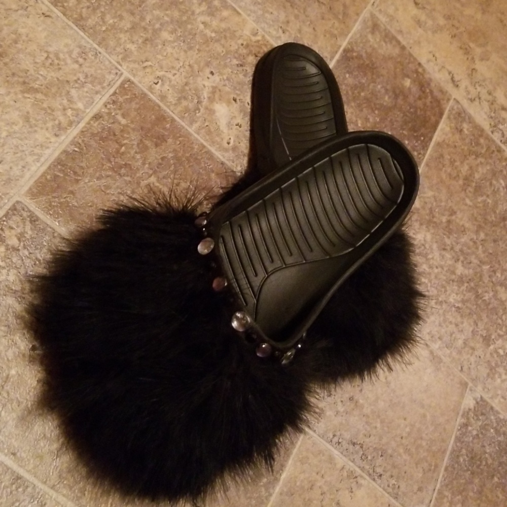 Black Fur Slides with embellishments
